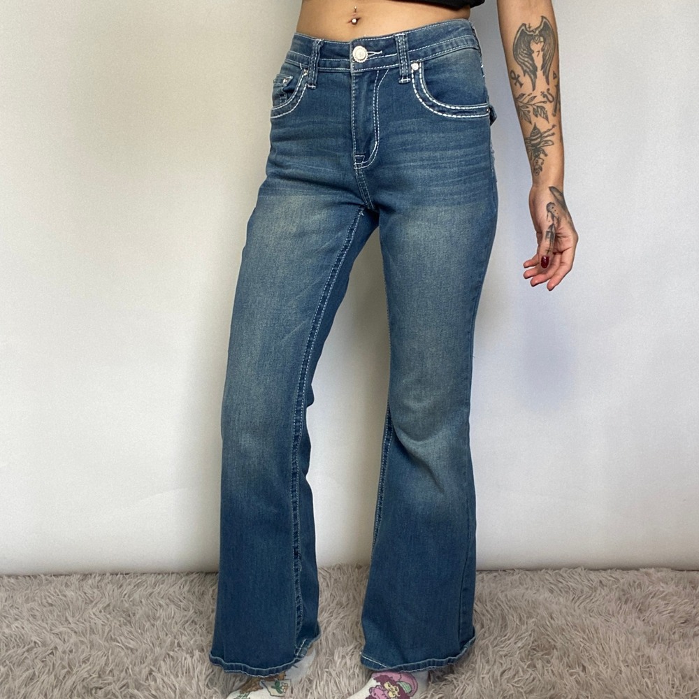 Sky Brand Bootcut Jeans Rhinestone Cross Flap Pocket Y2K Bling Denim High Waist